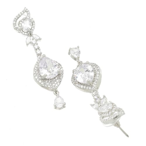 Rhodium-Plated American Diamond Teardrop Drop Earrings